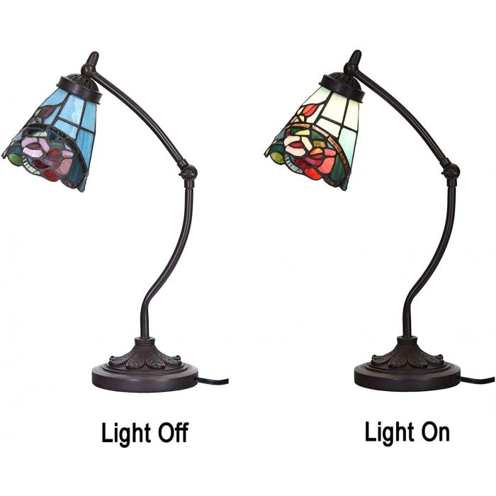 Bieye L10759 Rose Flower Tiffany Style Stained Glass Rocker Arm Desk Lamp  Night Light with 5 inch Wide Lampshade for Working Reading Table, Green  Red,