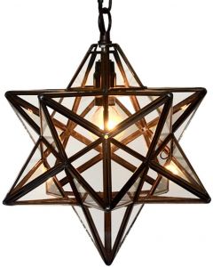  Bieye L10077 12-inch Moravian Star Tiffany Style Stained Glass Ceiling Pendant Lamp, 51-inch Tall (Clear Glass) 