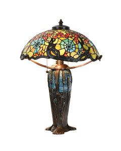 Bieye L10550 Cobweb and Cherry Blossom Tiffany Style Stained Glass Table Lamp with 18-inch Wide Lampshade Brass Wheat Mosaic Base, 24-inches Tall