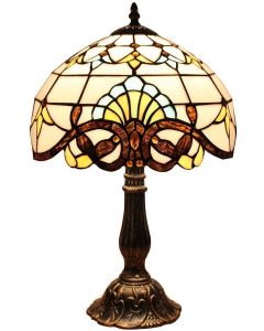  Bieye L10641 Baroque Tiffany Style Stained Glass Table Lamp Night Light with 12 inches Wide Lampshade Metal Base for Bedside Living Room Bedroom, Brown, 18-inch Tall 