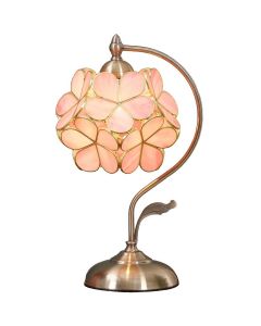 Bieye Tiffany Style Stained Glass Cherry Blossom Table Lamp with Vintage Brass Base, 8"W x 17"H