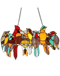 Bieye W10055 Tropical Birds on The Wire Tiffany Style Stained Glass Window Panel Hangings with Chain, 22" W x 13" H