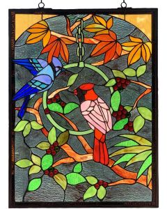  Bieye W10052 Blue Jay and Cardinal on Branches Tiffany Style Stained Glass Window Panel with Chain, Rectangle Shape, 18" W x 24" H 