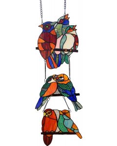  Bieye W10060 Tropical Birds Tiffany Style Stained Glass Window Panel with 3 Pieces Hanging Successively Within Chains, 10" W x 39" H 