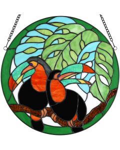  Bieye W10070 Pair of Toucans in The Swiss Cheese Plant Tiffany Style Stained Glass Window Panel, Round Shape, 16 inches Wide 